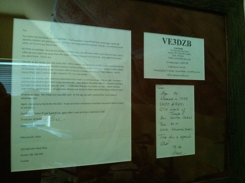 This is Carl's letter and QSL card. It hangs in a place of honor in my shack. Photo credit: Tim Carter