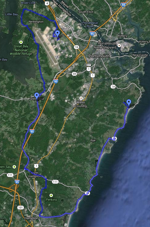 Here is the first part of the 55-mile route from Portsmouth, NH to Ongunquit, ME. Image credit: Google Maps
