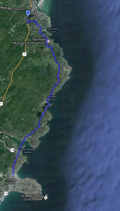This is the final stretch of the 2014 Breathe NH 55-mile long course from Portsmouth, NH to Ogunquit, ME. Image credit: Google Maps