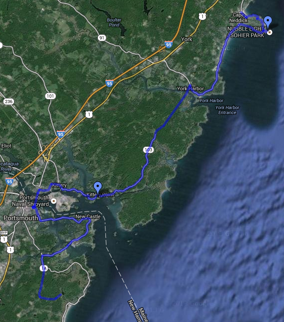 Here's the second leg of the 55-mile bike trip from Portsmouth, NH to Ogunquite, ME. Image credit: Google Maps