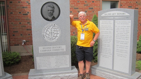 Here I am just outside of the main door of the ARRL headquarters. The man in the granite is the father of amateur radio - Hiram Percy Maxim. Photo credit: Jim Cluett - W1PID