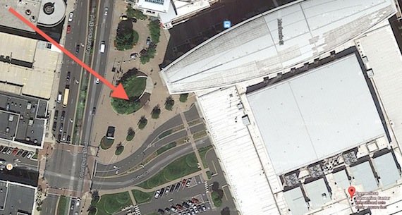 The arrow tip marks the spot where Jim saturated his sock. You can see the drying wall to the right, the curved white line. Image credit: Google Maps