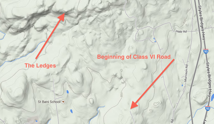 The Ledges was created by a giant continental glacier that rode over Mt. Hersey just to the north. The glacier was flowing from the northwest and the south and southeast face of most mountains in New Hampshire is much steeper because the glacier plucked rocks from this face and carried them away. Image credit: Google Maps