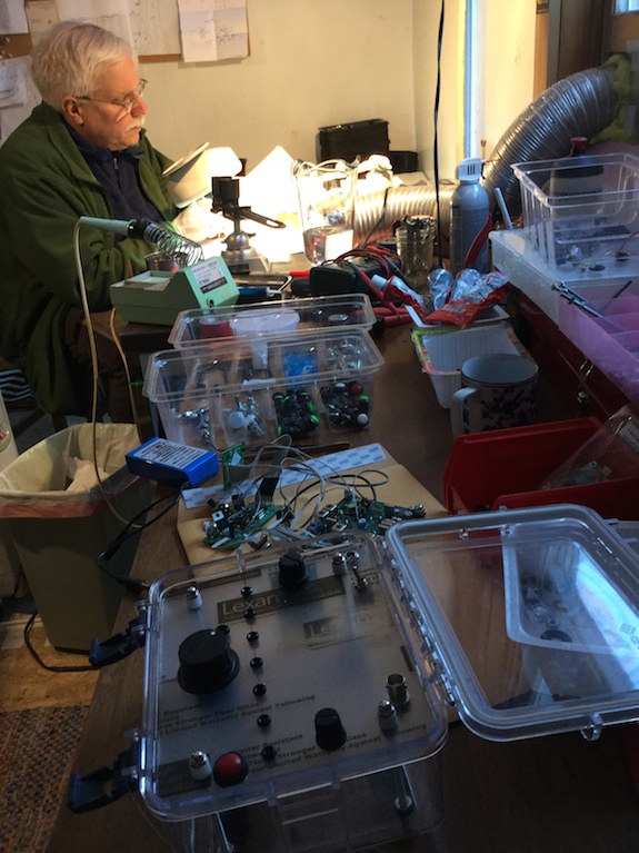 Here I am at Hanz's great workshop soldering away. I sure enjoy putting together these circuit boards! Photo credit: Hanz Busch - W1JSB