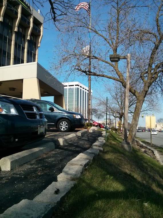 Here's the front of the hotel and the tree just ahead supported my miserable sloper antenna.