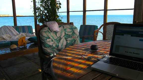 This is inside the screened porch looking out. You can see there on the left my unmade bed. Life is hard in Antigua.