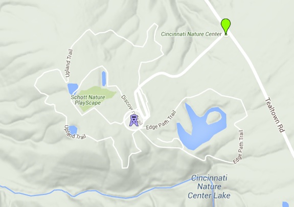 The Cincinnati Nature Center is big. Some of the trails go down into the valleys you see here. Image credit: Google Maps