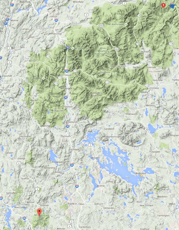 The red ballon shows Mt. Kearsarge in the lower left corner. That green patch of hills, well that's the famous White Mountains of New Hampshire. Image credit: Google Maps