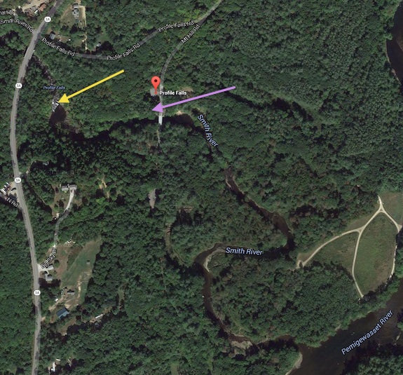 The red balloon marks the parking lot next to the picnic shelter. The yellow arrow points to Profile Falls and the purple arrow points to the shelter hidden in the trees. Image credit: Google Maps (C) 2015