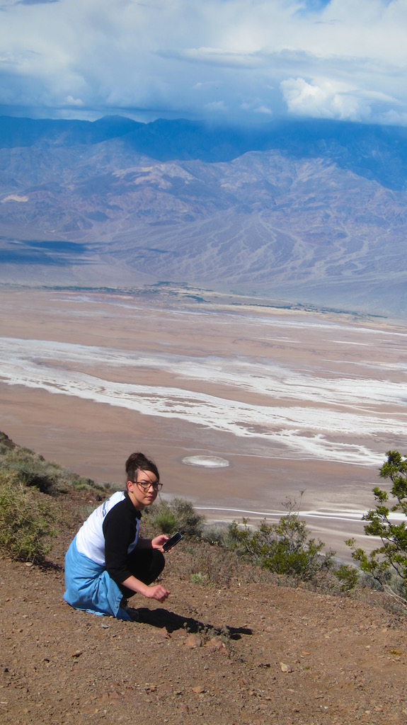 Here's my youngest daughter admiring a flower from the Dante's View high above Badwater Basin several thousand feet below. Photo credit: Tim Carter - W3ATB