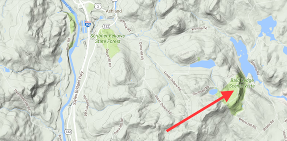 The red arrow points to Bald Ledge. (C) Copyright 2016 Google Maps Google Inc.