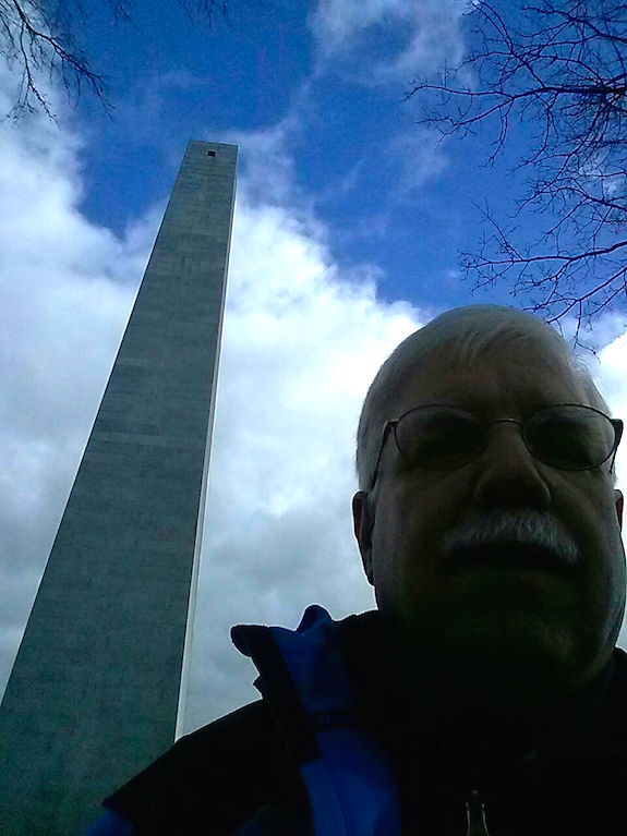 The phone camera's light meter is locked onto the white clouds. It's an impressive obelisk made from gorgeous granite. (C) Copyright 2016 Tim Carter