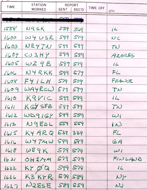 w3atb log sheet of radio contacts sunapee state park K-2666